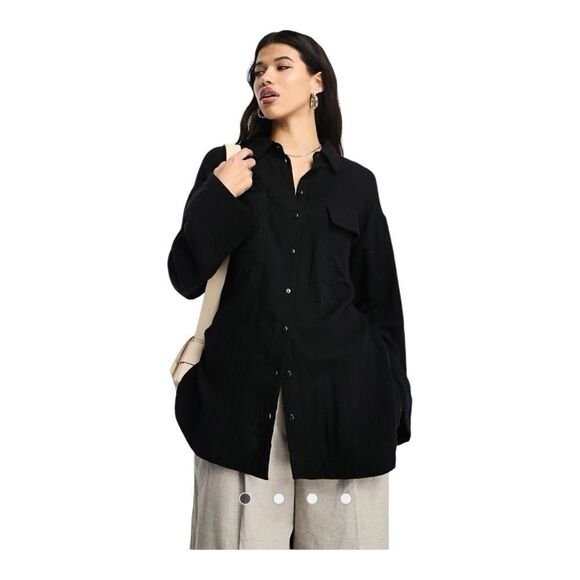ASOS Design Shirt Women’s Size 8 Black Oversized Button Down Lagenlook Goth - Picture 1 of 9